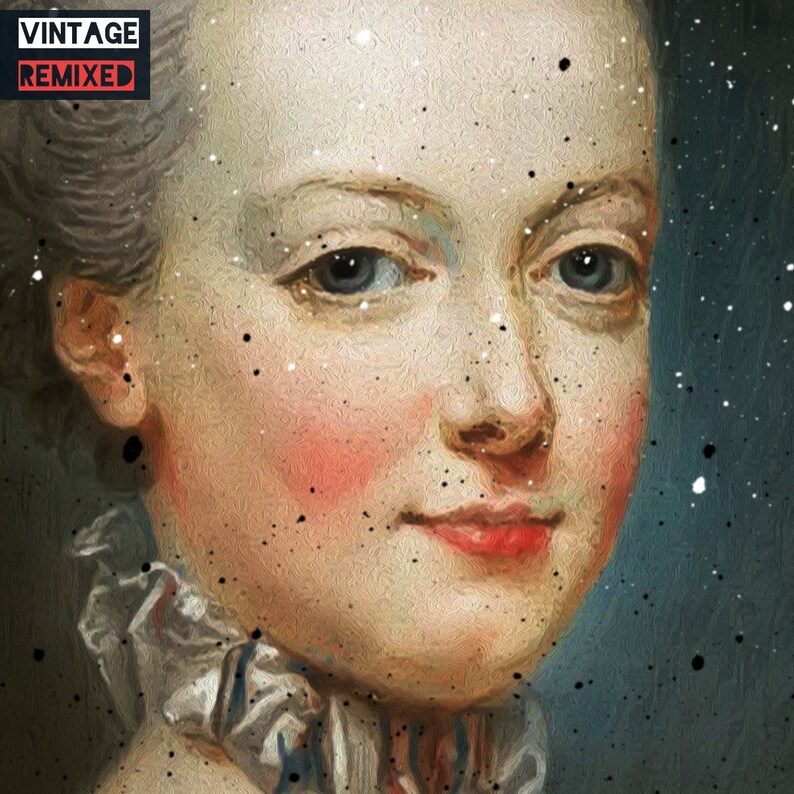 May include: A vintage portrait of a woman with a white powdered wig, wearing a white lace collar. The portrait is painted in a realistic style and has a textured, grainy effect. The background is a dark blue color with white and black speckles.