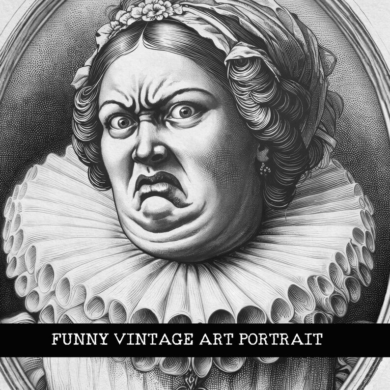 May include: A black and white vintage art portrait of a woman with a stern expression. She is wearing a large, ruffled collar and a head covering with flowers.