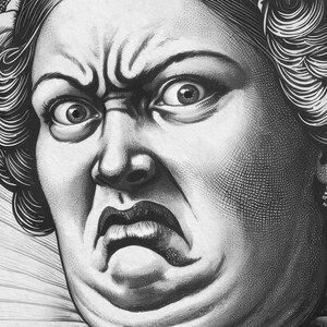 May include: A black and white illustration of a woman's face with a furrowed brow and a disapproving expression. Her mouth is slightly open, and her lips are pursed. Her eyes are wide open, and her eyebrows are raised.