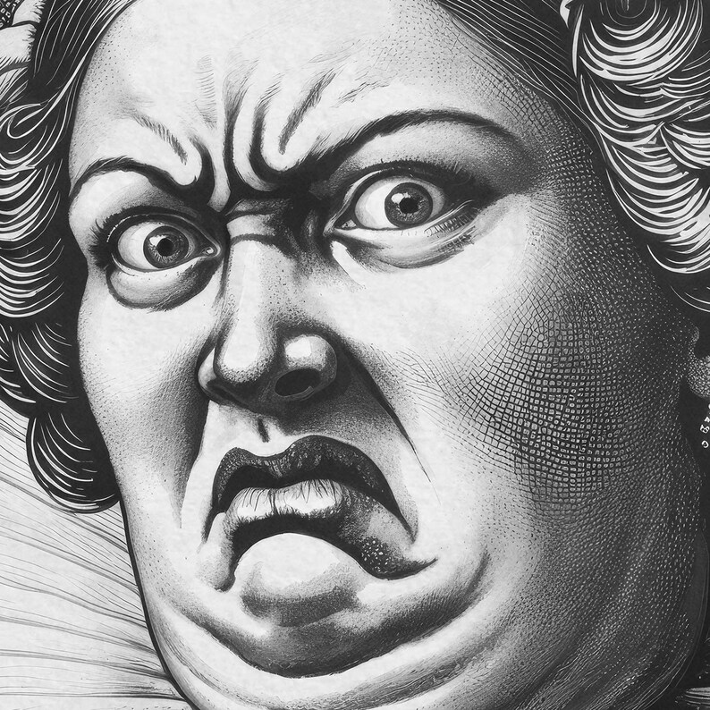 May include: A black and white illustration of a woman's face with a furrowed brow and a disapproving expression. Her mouth is slightly open, and her lips are pursed. Her eyes are wide open, and her eyebrows are raised.