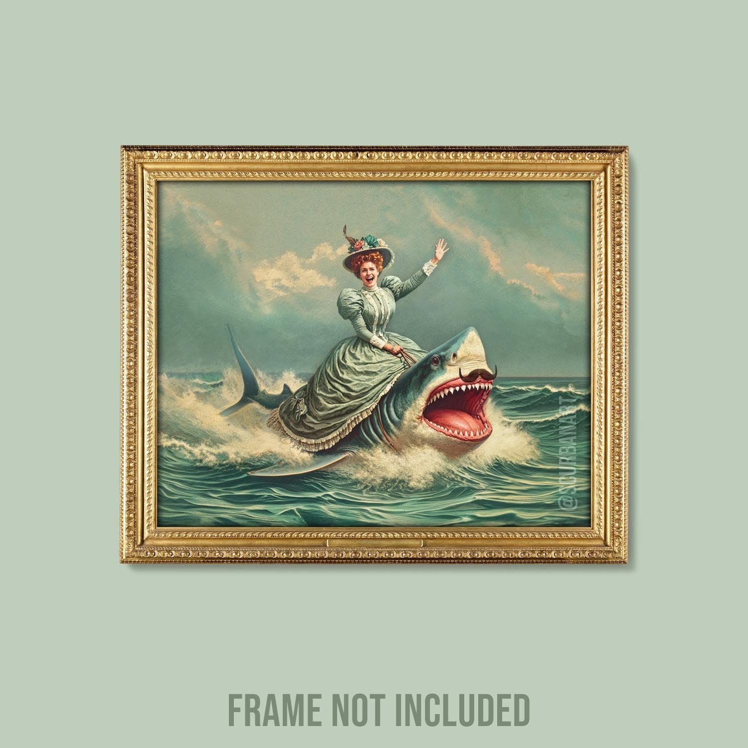 Shark Rider Art Print: Funny Victorian Lady, Nautical Surrealism