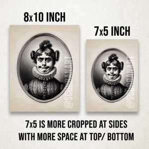 May include: A black and white vintage illustration of a woman with a surprised expression. The image is framed in a circle and has a textured background. The image is available in two sizes: 8x10 inches and 7x5 inches.