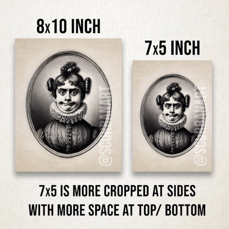 May include: A black and white vintage illustration of a woman with a surprised expression. The image is framed in a circle and has a textured background. The image is available in two sizes: 8x10 inches and 7x5 inches.