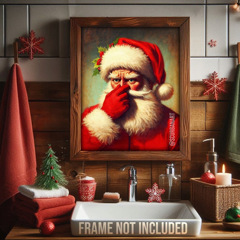 Stink Santa Funny Bathroom Retro Art Print, Vintage Painting Hold Nose