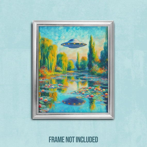 UFO Water Lily Pond Art Print: Funny Vintage Monet Painting Trippy