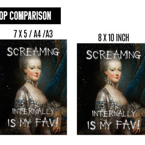 May include: A digital art print featuring a portrait of a woman with the text "SCREAMING INTERNALLY IS MY FAV!" superimposed on the image. The image is in a vintage style with a dark background and a blue curtain.