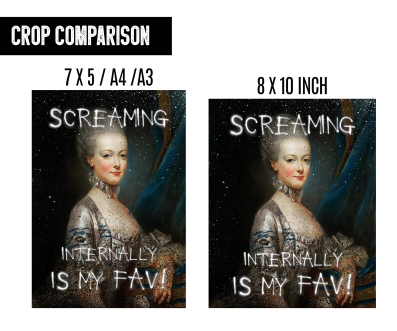May include: A digital art print featuring a portrait of a woman with the text "SCREAMING INTERNALLY IS MY FAV!" superimposed on the image. The image is in a vintage style with a dark background and a blue curtain.