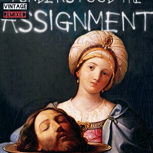 May include: A painting of a woman holding a severed head on a platter. The woman is wearing a white and gold turban and a blue robe. The head is that of a man with long brown hair and a beard. The background is a dark green.