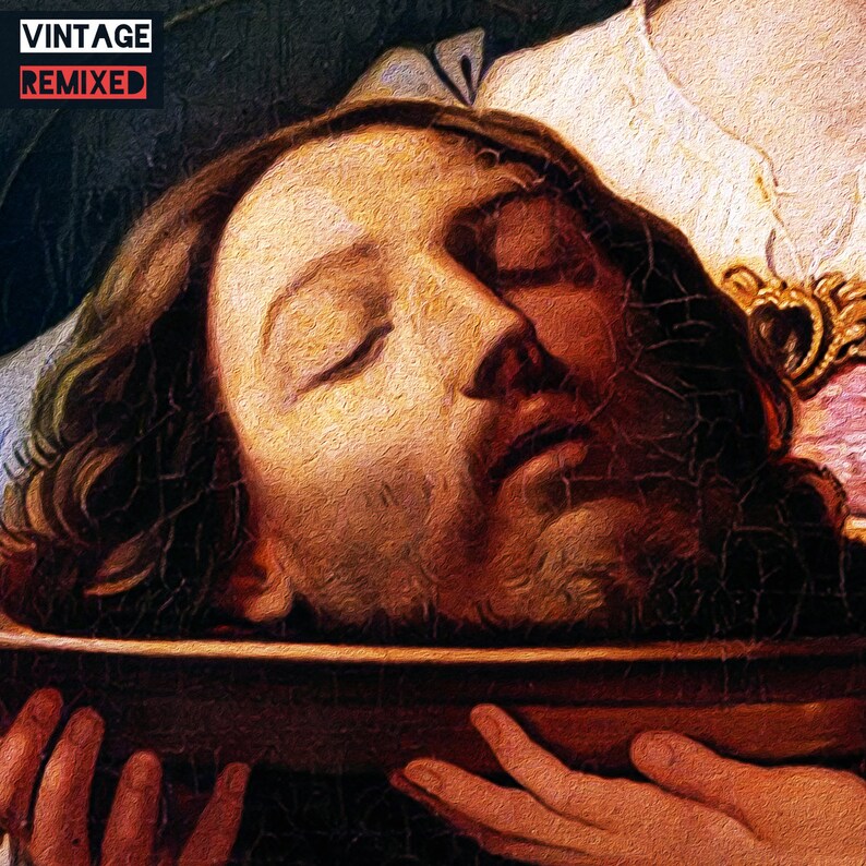 May include: A close-up of a painting depicting a man's face, with his eyes closed, lying in a wooden bowl. The man's face is pale and his skin is wrinkled. The bowl is brown and has a rough texture. The painting is done in a realistic style and has a vintage feel.