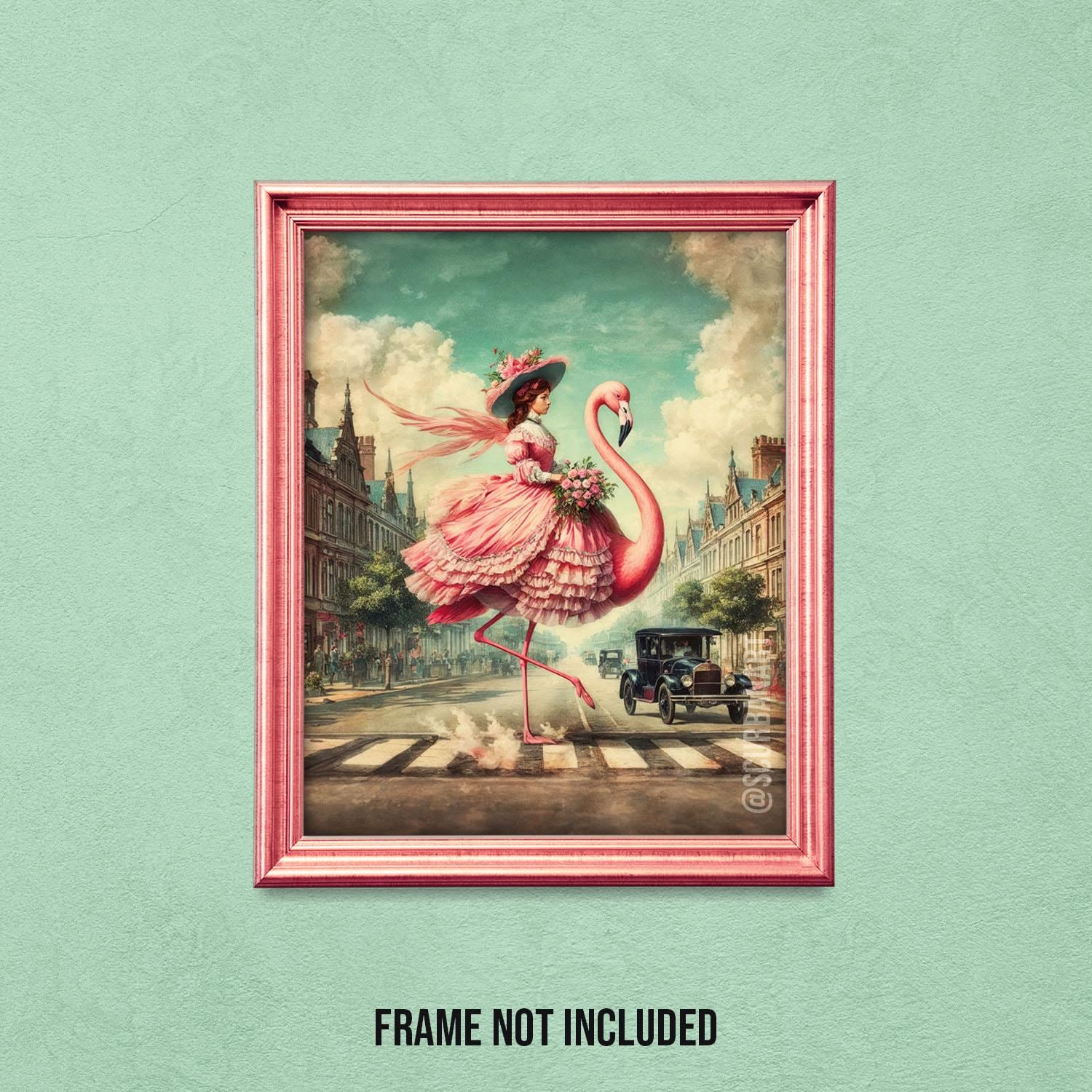Pink Flamingo Funny Eclectic Vintage Art Print, Retro Whimsical Victorian Home Décor, Funky Animal Nouveau Maximalist English London Poster