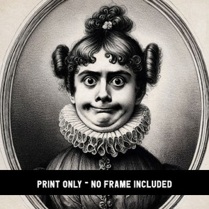 May include: Black and white vintage engraving of a woman with a surprised expression. She is wearing a large, ruffled collar and her hair is styled in a bun with curls. The image is framed in an oval.