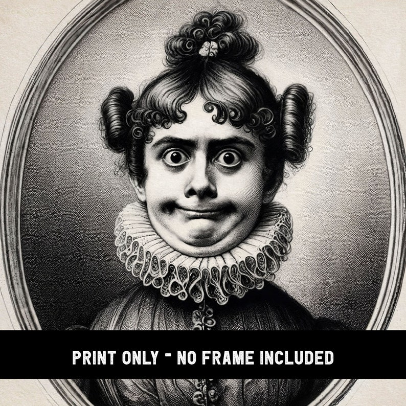May include: Black and white vintage engraving of a woman with a surprised expression. She is wearing a large, ruffled collar and her hair is styled in a bun with curls. The image is framed in an oval.