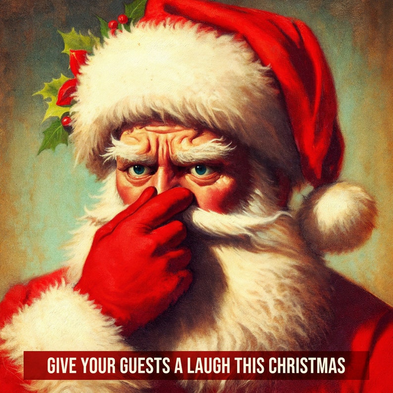 Stink Santa Funny Bathroom Retro Art Print, Vintage Painting Hold Nose