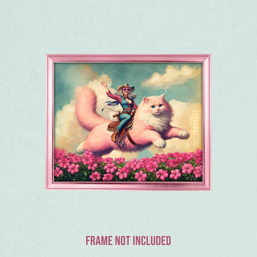 Cowgirl Pink Cat Rider Funny Eclectic Art Print, Retro Surreal Western ...