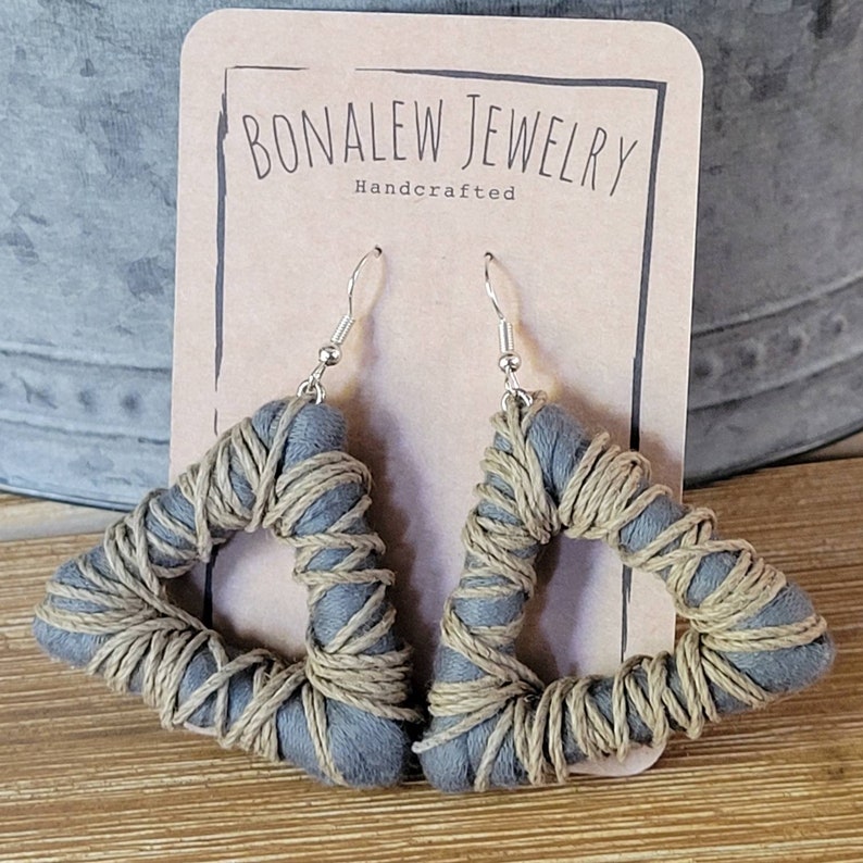 hemp strung triangular earrings. cotton strung Denim colored