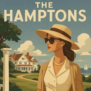 May include: Illustration of a woman in a white dress, sunglasses, and a hat, carrying a brown handbag. The image features the text "THE HAMPTONS" at the top, with a house and a sailboat in the background. The color palette includes beige, brown, and blue.