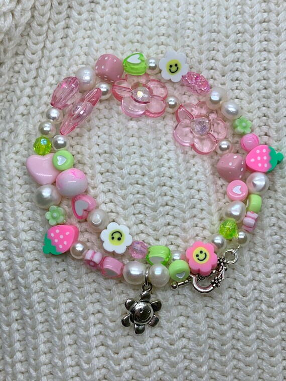 Pink and Green Y2k Mismatched Beaded Freshwater Pearl Necklace - Etsy UK