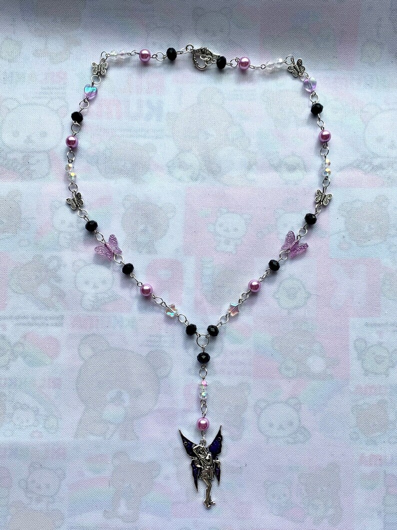 black purple grunge fairy butterfly beaded pearl rosary style necklace 