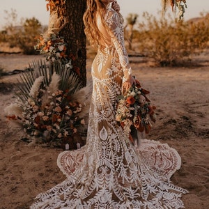 Boho Wedding Dress, Floral Wedding Dress, Long Sleeve Wedding Dress Boho, Lace Wedding Dress, Mermaid Wedding Dress, Bohemian Wedding Dress