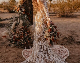 Boho Wedding Dress, Floral Wedding Dress, Long Sleeve Wedding Dress Boho, Lace Wedding Dress, Mermaid Wedding Dress, Bohemian Wedding Dress