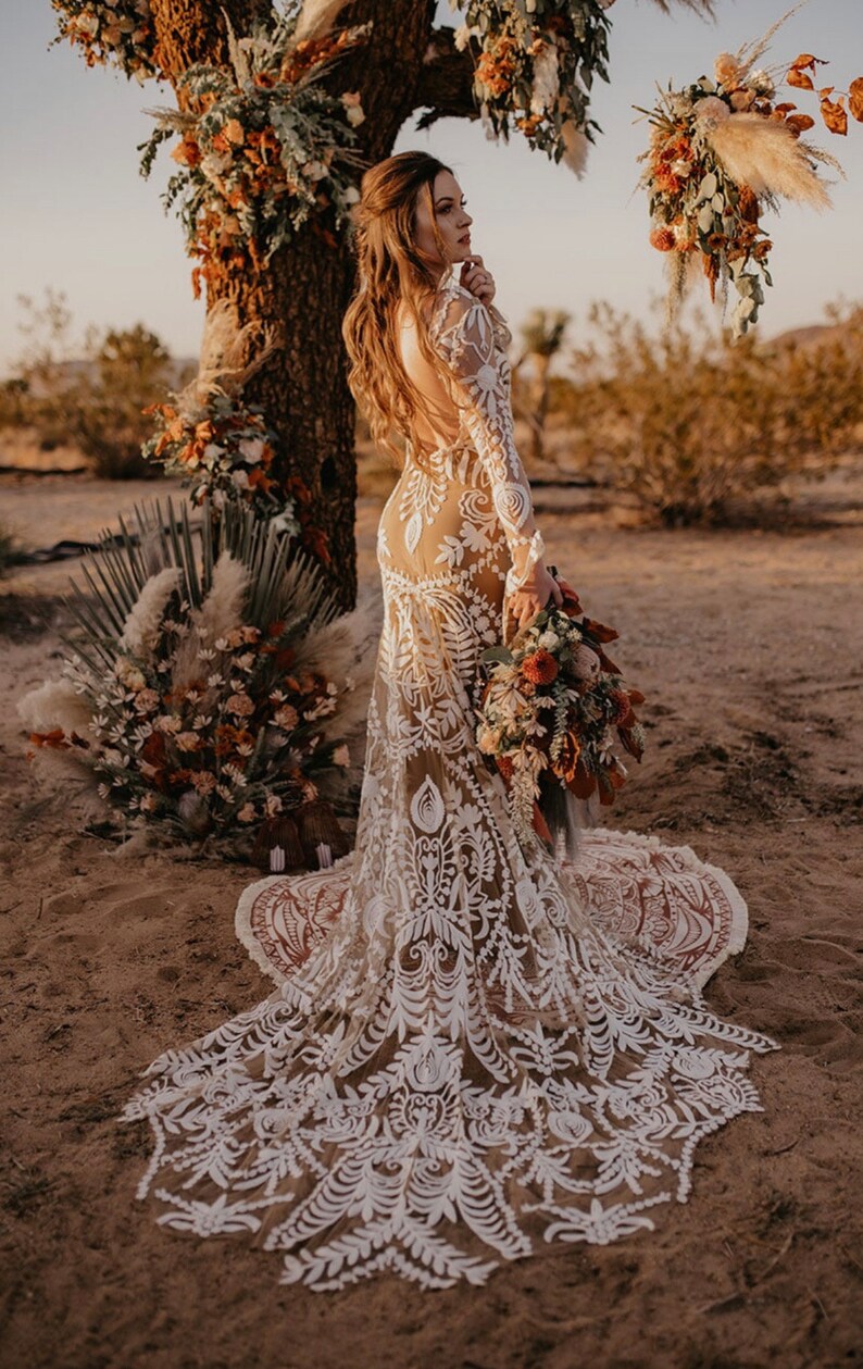 Boho Wedding Dress, Floral Wedding Dress, Long Sleeve Wedding Dress Boho, Lace Wedding Dress, Mermaid Wedding Dress, Bohemian Wedding Dress image 1