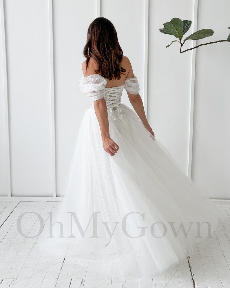 A-Line Tulle Wedding Dress, Off Shoulder Dress Wedding, Sparkle Wedding Dress, Fairy Wedding Dress, Princess Wedding Dress, Bridal Gown image 5