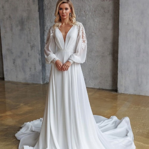 Long Sleeves Wedding Dress Elegant Wedding Simple Boho Beach - Etsy