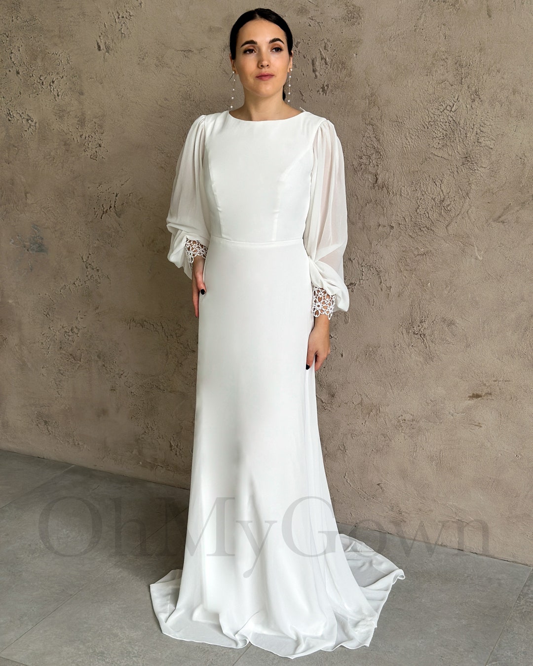 Long Sleeves Wedding Dress, Dinner Wedding Dress, Modest Wedding Dress, Boat Neck Wedding Dress