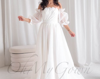 EN STOCK ! Robe de mariée trapèze, Robe de mariée à manches bouffantes, Robe de mariée sans bretelles, Robe de mariée avec manches mi-longues, Robes de mariage non traditionnelles