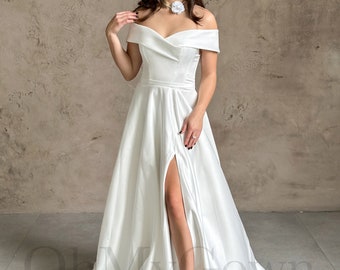 A-line wedding Dress , Modest wedding Dress , Classic wedding Dress , Minimalist wedding Dress , Hight slit , Simple wedding Dress , Gown