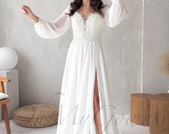 Long sleeves wedding dress, Lace wedding dress, Modest wedding dress, Simple wedding dress , Floral Rustic wedding dress , Bridal Gown