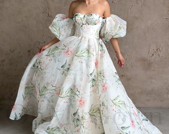 Floral Wedding Dress, Bohemian Wedding Dress, Half Sleeve Wedding Dress Boho, Flower Print Wedding Dress, Puffy Sleeve Wedding Dress