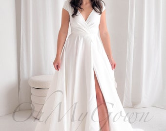 Simple Wedding Dress, A Line Wedding Dress, Casual Wedding Dress, Slit Wedding Dress, Modern Wedding Dress, V Neck Wedding Dress