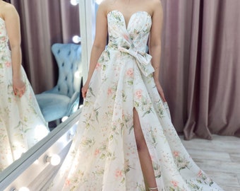 Floral Wedding Dress, Bohemian Wedding Dress, Modern Wedding Dress Boho, Flower Print Wedding Dress, Strapless Wedding Dress , Bridal Gown
