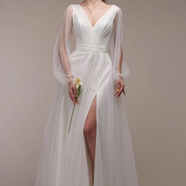 Long Sleeves  wedding dress Elegant wedding Modest wedding dress, Dinner wedding dress |Civil  ceremony  wedding dress ,  Simple Bridal Gown