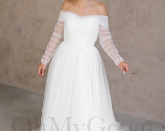 IN STOCK! A-Line Tulle Wedding Dress, Off Shoulder Dress Wedding, Long Sleeve Wedding Dress, Sheer Sleeve Wedding Dress, Elegant Wedding Dre