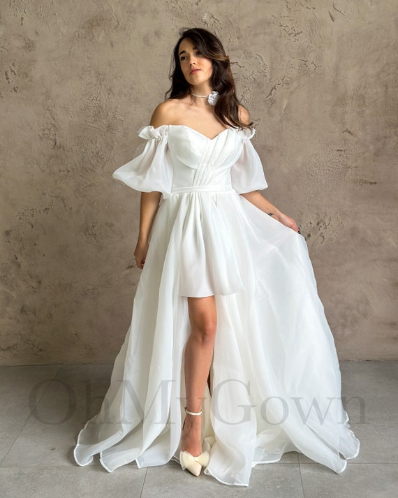 Long Puffy Sleeves Wedding Dress Short Wedding Dress Boho Wedding  Dressorganza Simple Modest Civil Ceremony Second Dress Guest Bridal Robe 