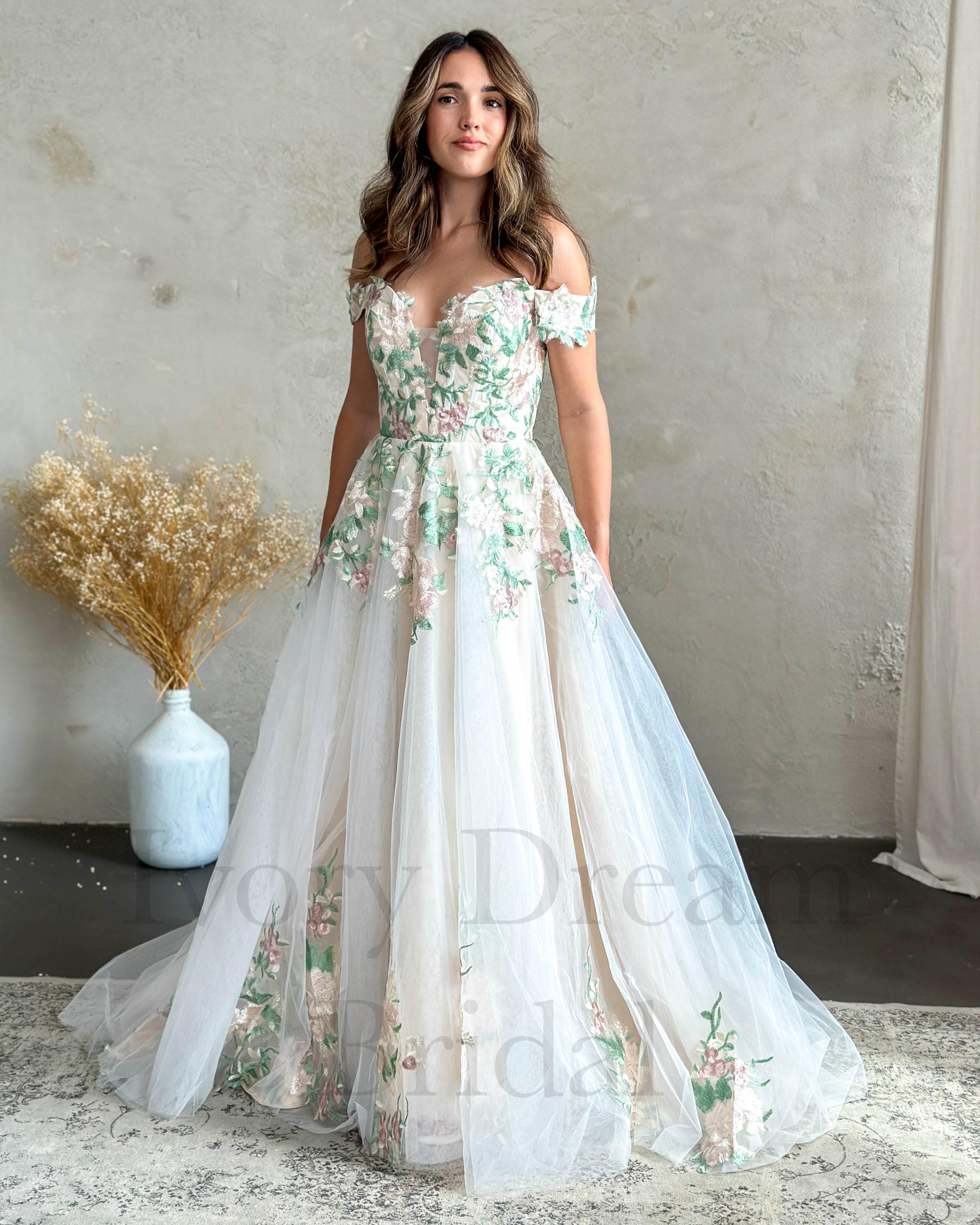 Elegant Aline Colorful Lace Wedding Dress off the Shoulder Sleeves Casual Wedding Gown With V Neckline and Chapel Train Etsy UK
