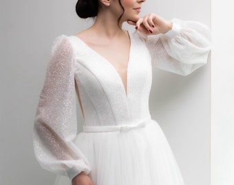 Simple Long Sleeve Wedding Dress, Glittery Wedding Dress, A Line Tulle Wedding Dress, Deep V Wedding Dress, Puffy Sleeve Wedding Dress