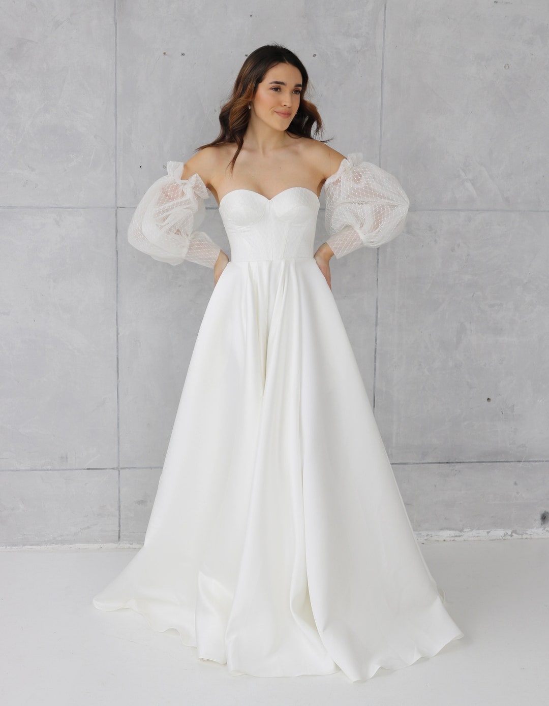 Long Puffy Sleeves Wedding Dress Elegant Wedding Modest Simple - Etsy