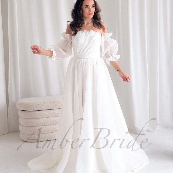 A Line Wedding Dress, Puffy Sleeve Wedding Dress, Strapless Wedding Dress, Half Sleeve Wedding Dress, Non Traditional Wedding Dress
