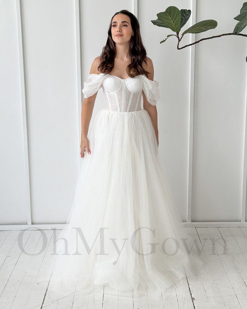 A-Line Tulle Wedding Dress, Off Shoulder Dress Wedding, Sparkle Wedding Dress, Fairy Wedding Dress, Princess Wedding Dress, Bridal Gown image 3