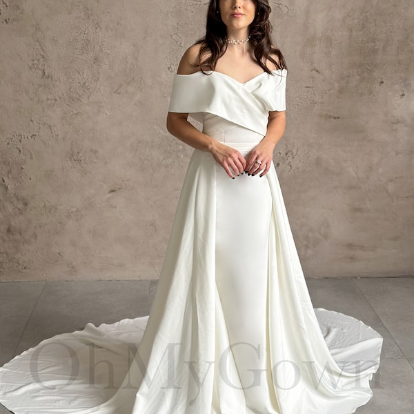 Off Shoulder Satin Mermaid Wedding Dress  Detachable Sweep Train Simple Bridal Gowns Minimalist wedding dress Modest wedding bridal robe