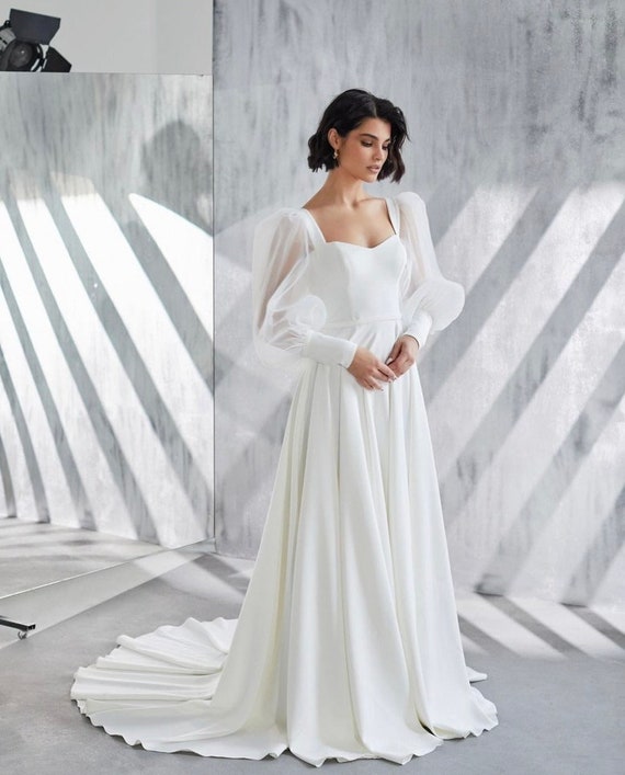 Long Sleeves Wedding Dress Elegant Wedding Simple Boho Beach - Etsy