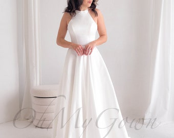 AUF LAGER! Neckholder-Top-Hochzeitskleid, rückenfreies Hochzeitskleid, minimalistisches Hochzeitskleid, Kleid mit offenem Rücken, Hochzeits-Empfangskleid, formelles Kleid