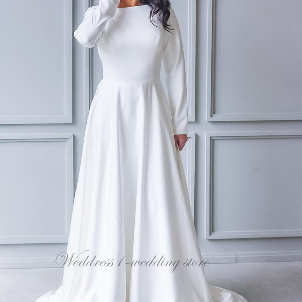 Long  sleeves wedding dress minimalist wedding A-line simple modest wedding dress civil ceremony with pocket beach wedding boho bridal robe