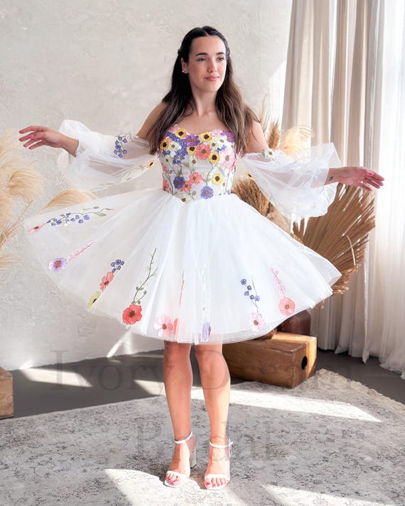 IN STOCK Floral Wedding Dress. Mini Wedding Dress With Long Sleeve. Short Wedding Dress. Floral Print Dress. Evening Dress. Reception Dress Etsy