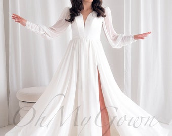 Long sleeves A-line wedding dress, Minimalist wedding dress ,Classic wedding dress ,Modest wedding dress,Simple wedding  dress, Bridal  Gown