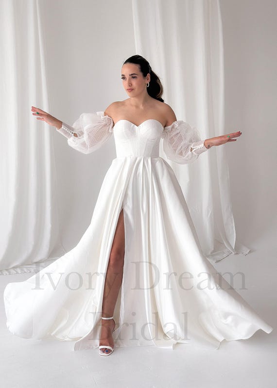 Strapless Corset Satin Dress With Slit. Minimalistic Wedding Dress Structured Bridal Gown Satin Dress A line Wedding Dress Puffy Sleeves Etsy