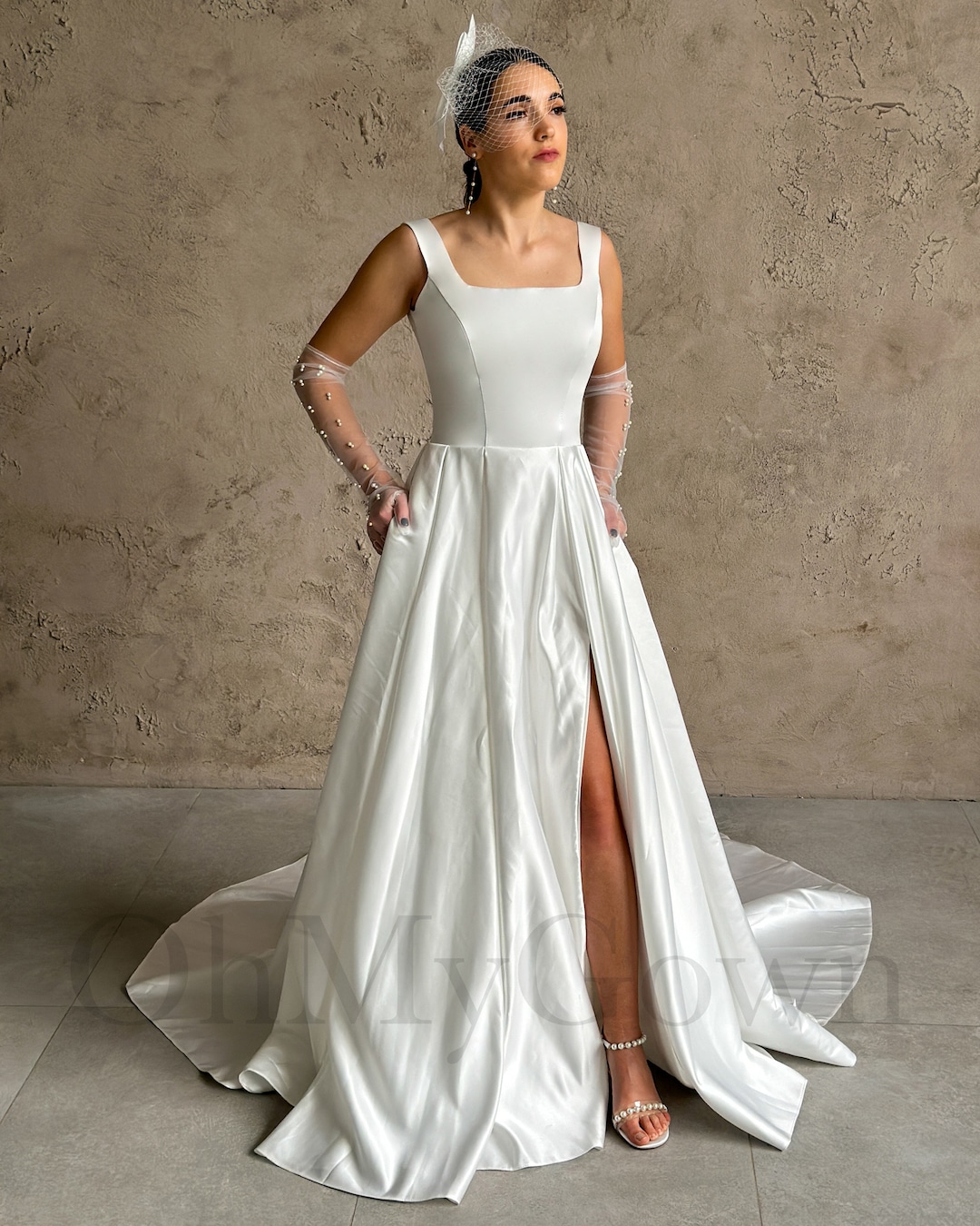 Simple Low Back High Neck Satin Wedding Dress
